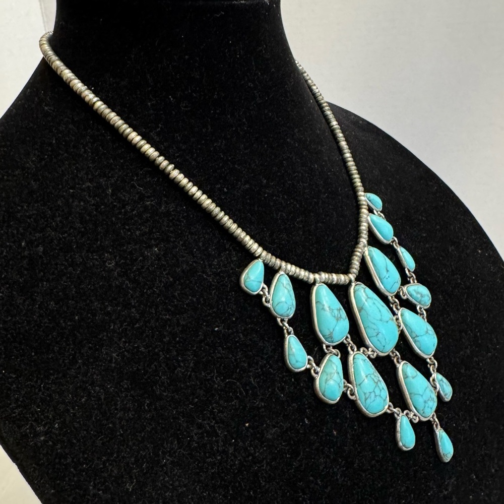Lucky Brand Signed Faux Turquoise Stone Silver Tone Jewelry Chunky Boho Necklace - Picture 7 of 16